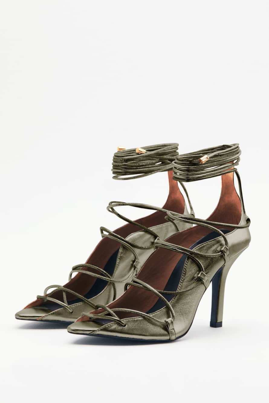 Laminated leather woven sandals with heel, Green, Patrizia Pepe
