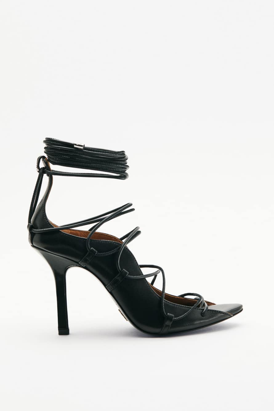 Leather woven sandals with heel, Black, Patrizia Pepe