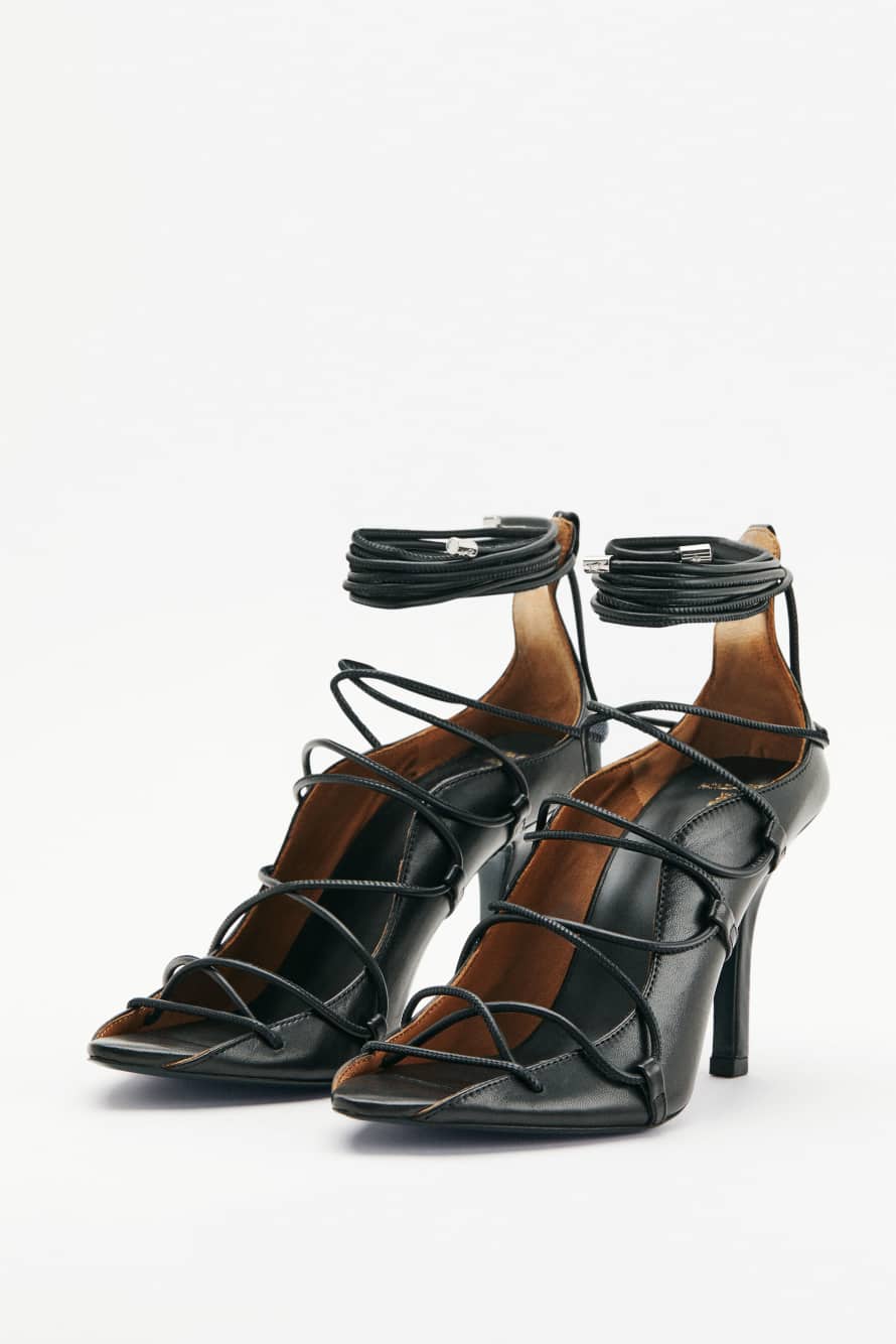 Leather woven sandals with heel, Black, Patrizia Pepe