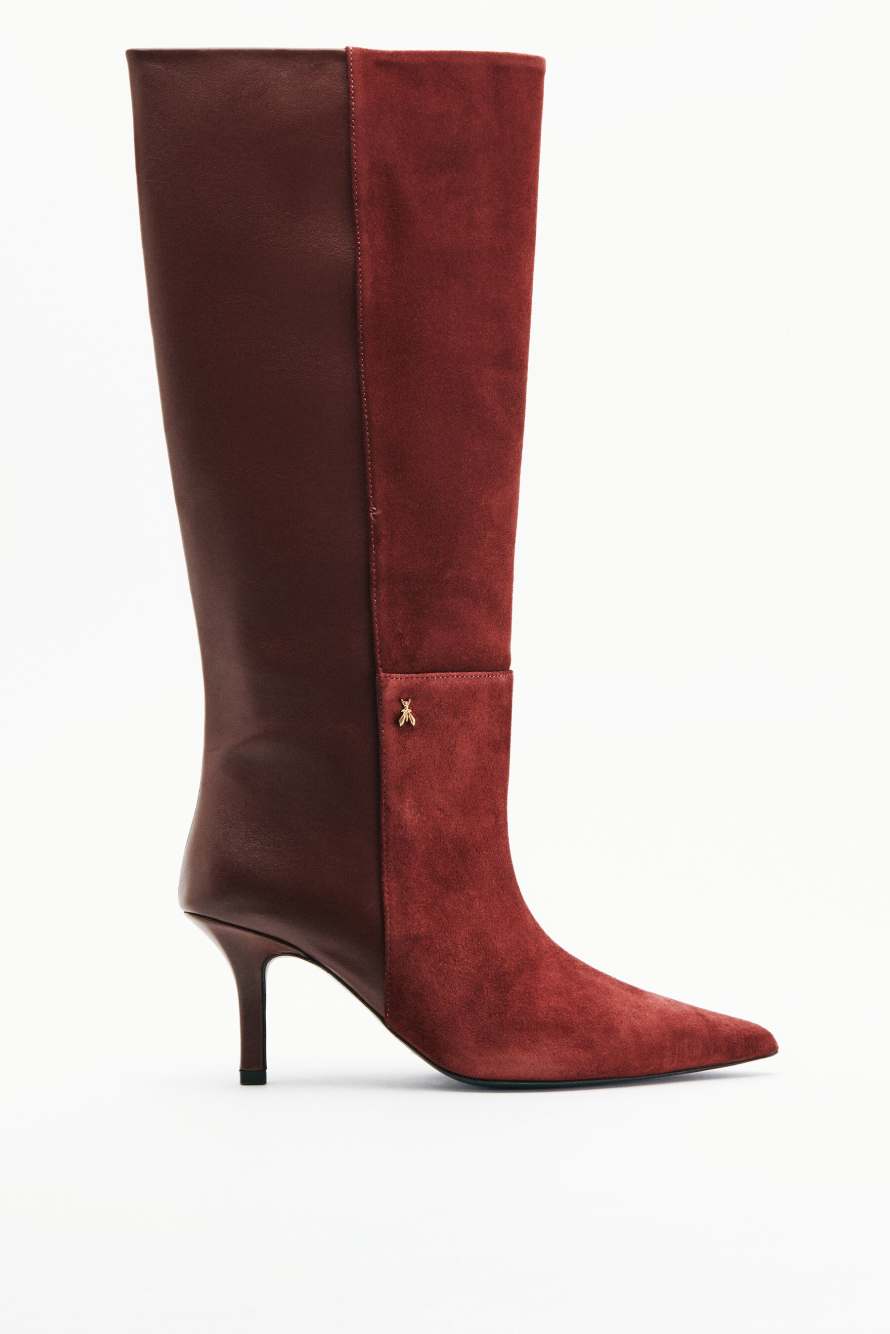New Minimal Shape suede and shiny leather boots, Brown, Patrizia Pepe