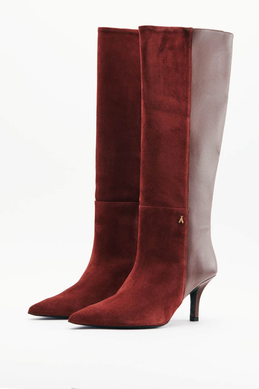 New Minimal Shape suede and shiny leather boots, Brown, Patrizia Pepe