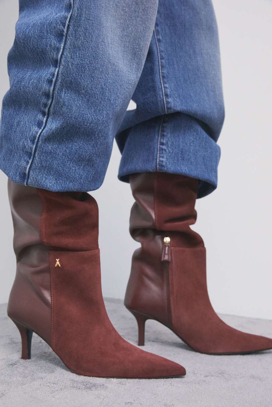 New Minimal Shape suede and shiny leather boots, Brown, Patrizia Pepe