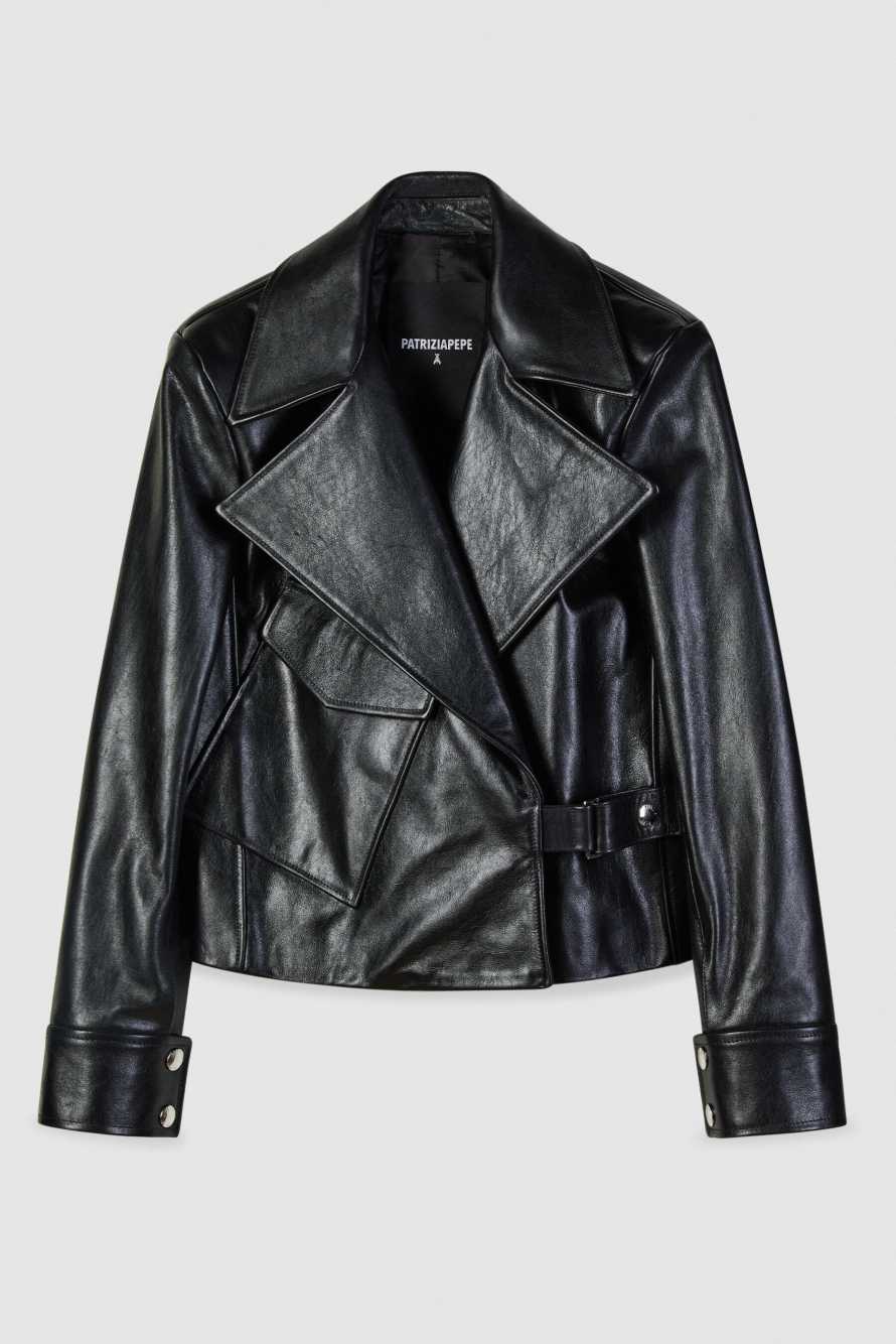 Oversized leather biker jacket, Black, Patrizia Pepe