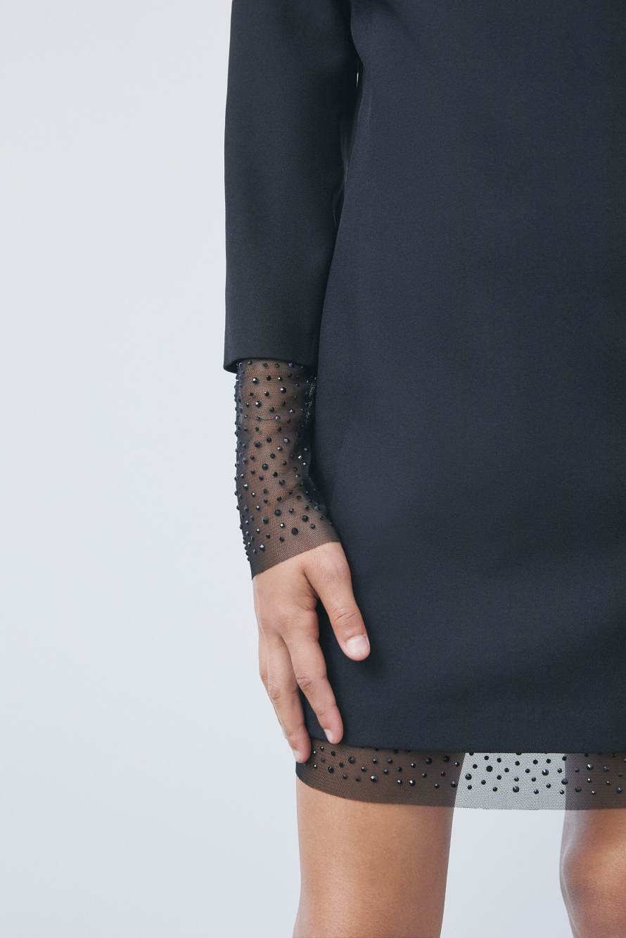 Bodycon dress with tulle and rhinestones, Black, Patrizia Pepe