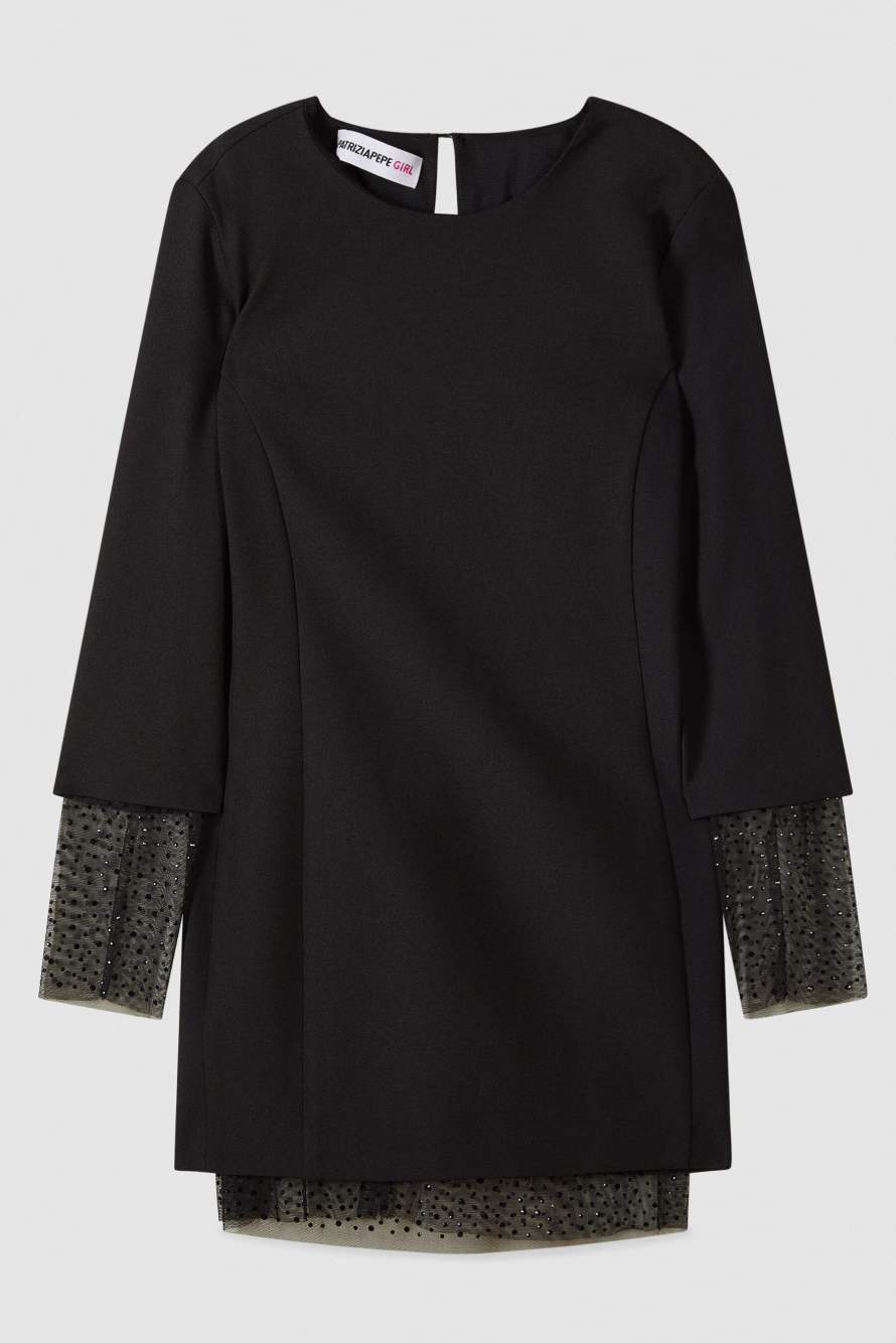 Bodycon dress with tulle and rhinestones, Black, Patrizia Pepe