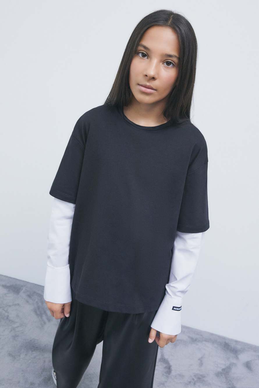 Jersey T-shirt with poplin sleeves, White/Black, Patrizia Pepe