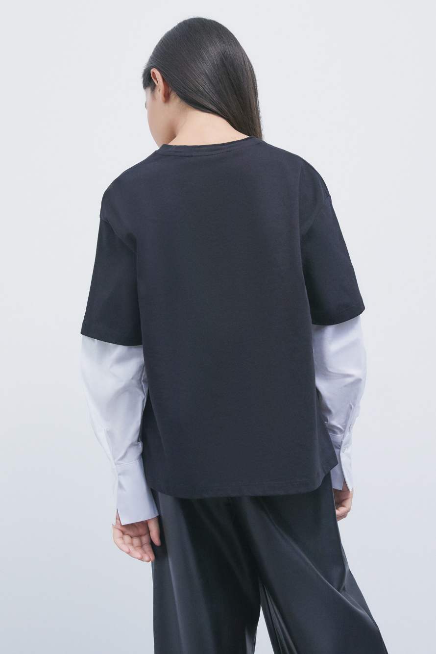 Jersey T-shirt with poplin sleeves, White/Black, Patrizia Pepe