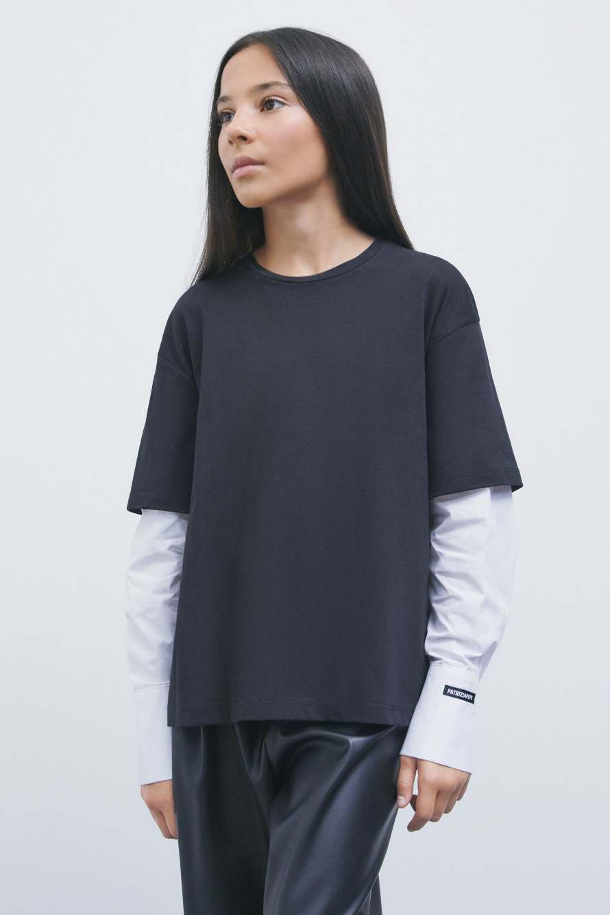 Jersey T-shirt with poplin sleeves, White/Black, Patrizia Pepe