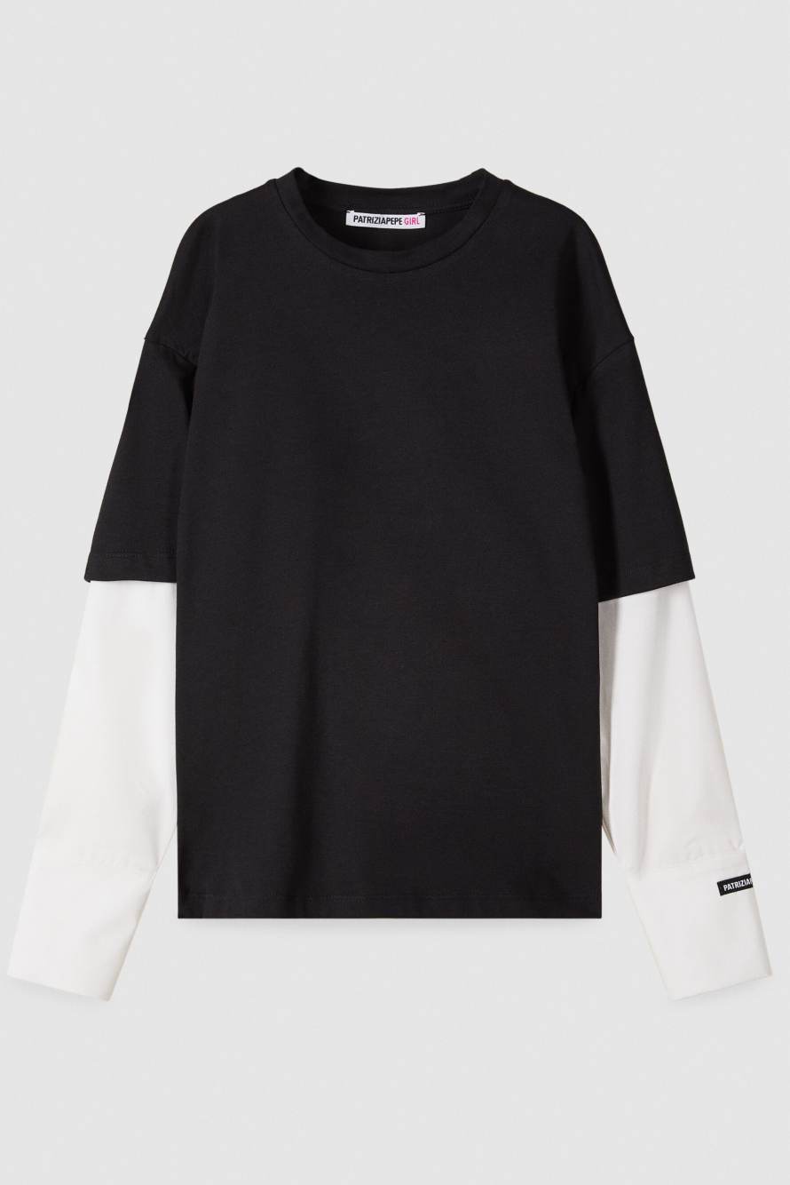 Jersey T-shirt with poplin sleeves, White/Black, Patrizia Pepe