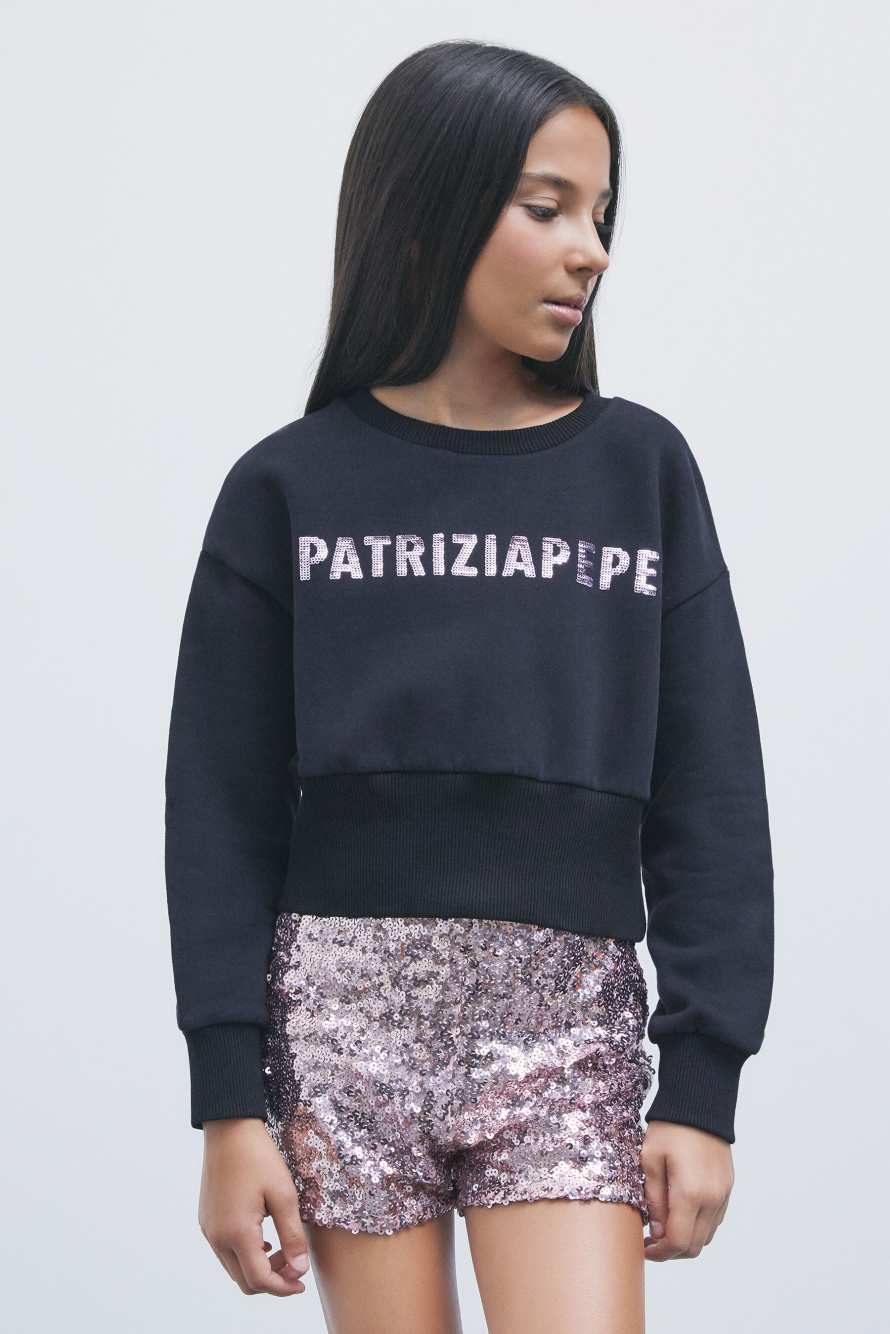Cotton sweatshirt with sequin logo, Black, Patrizia Pepe