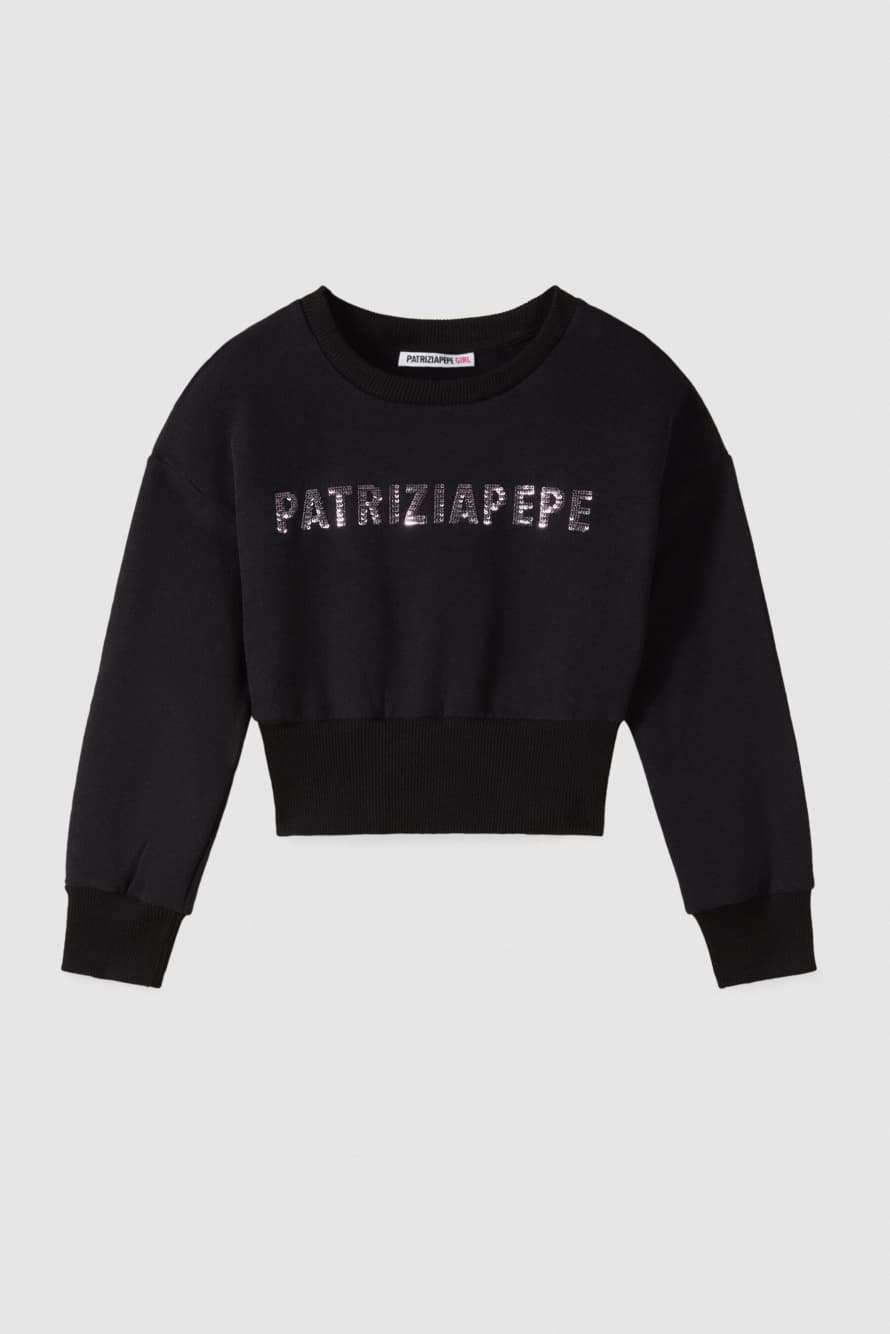 Cotton sweatshirt with sequin logo, Black, Patrizia Pepe