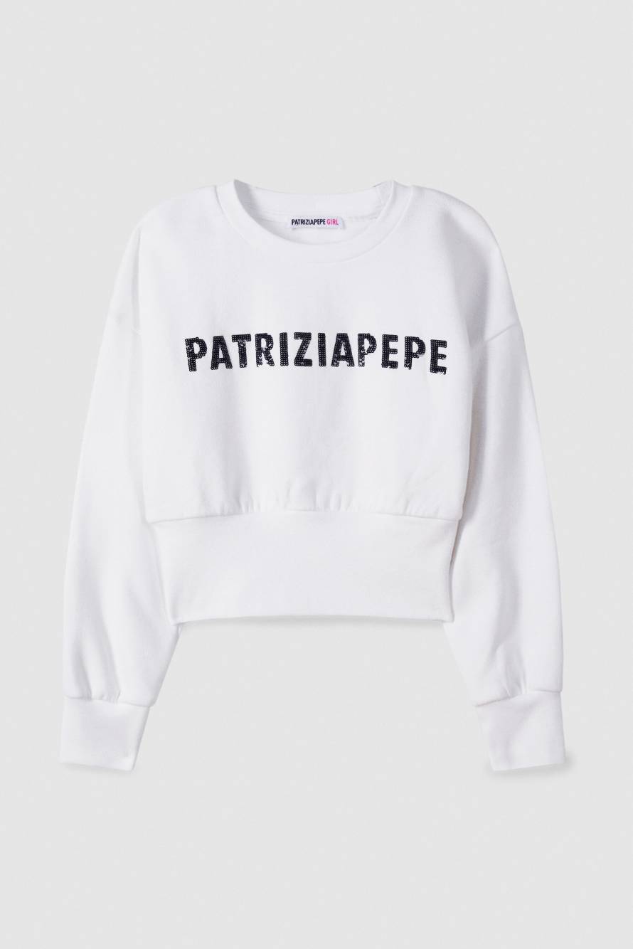 Cotton sweatshirt with sequin logo, White, Patrizia Pepe