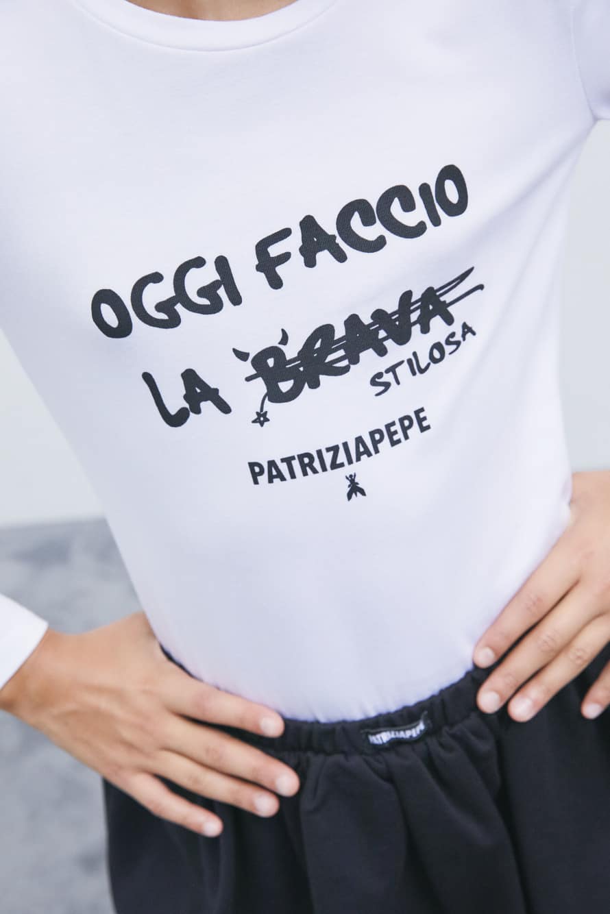 Cotton slogan top, White, Patrizia Pepe