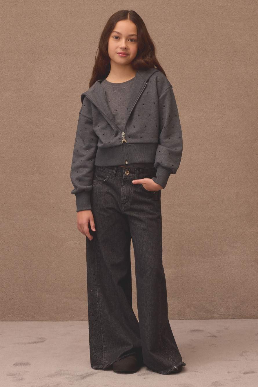 Wide-leg jeans with rhinestones, Black, Patrizia Pepe