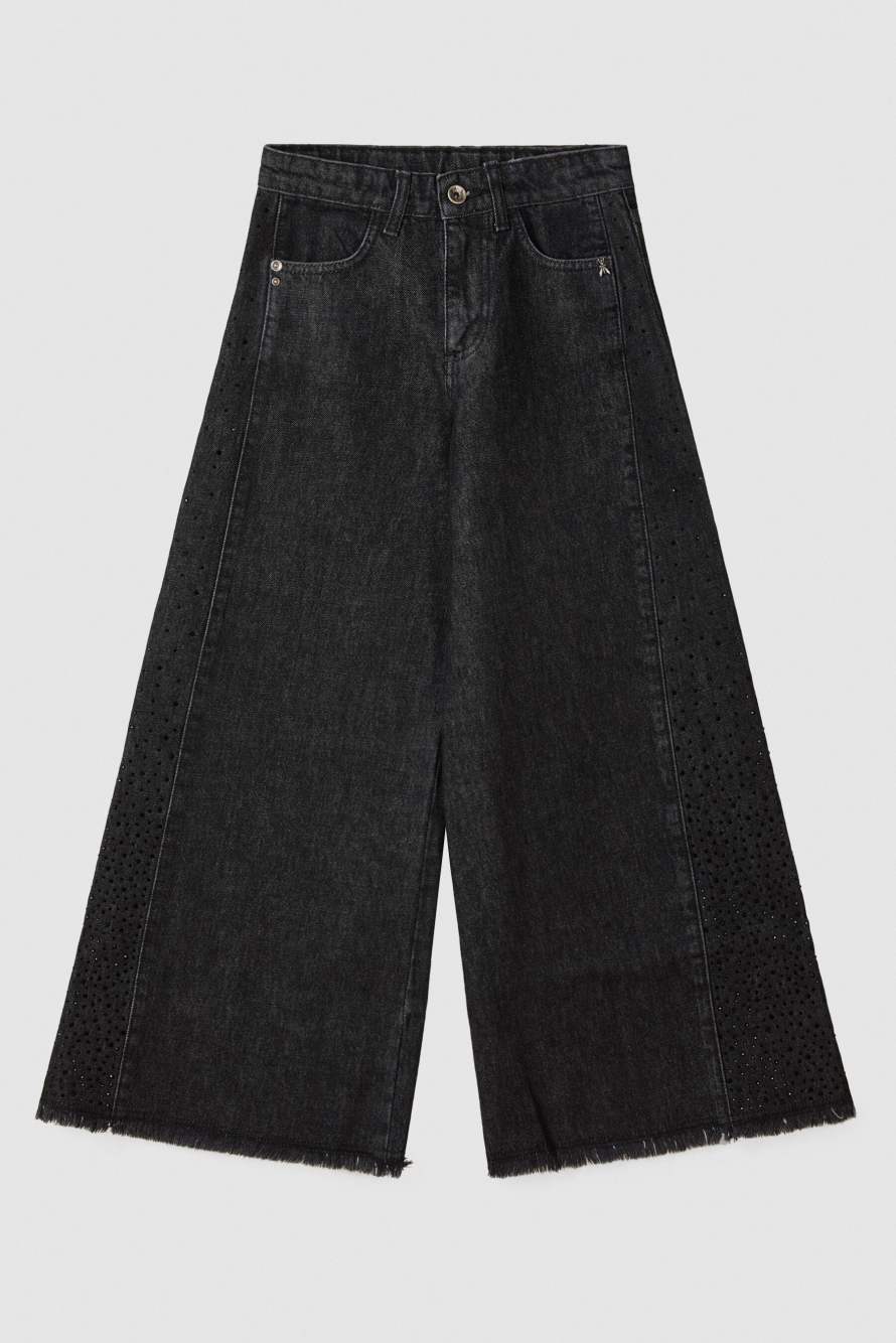 Wide-leg jeans with rhinestones, Black, Patrizia Pepe