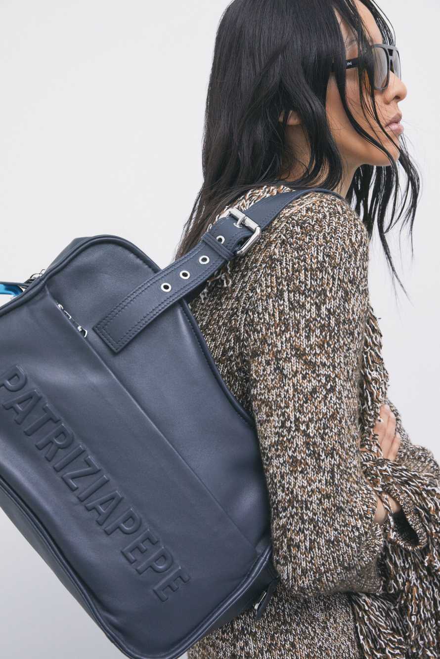 (IM)PERFECTION shopping bag in leather, Blue, Patrizia Pepe