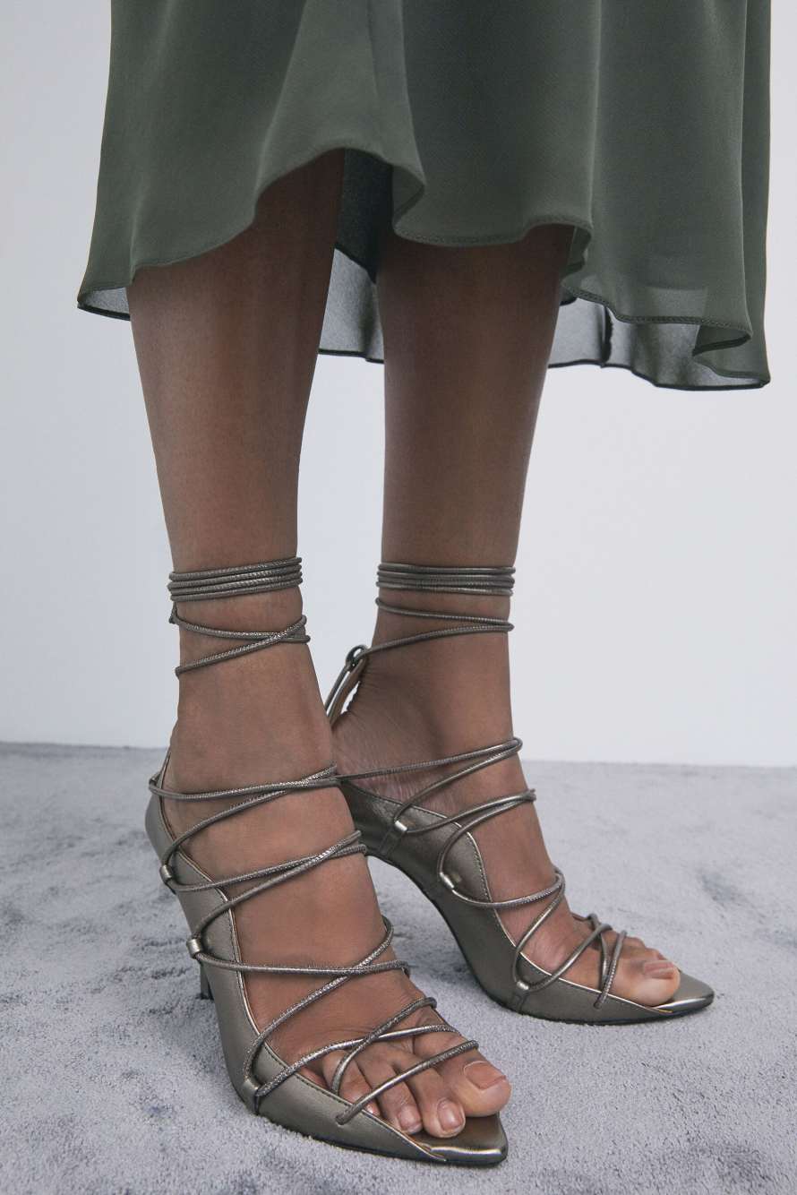 Laminated leather woven sandals with heel, Green, Patrizia Pepe