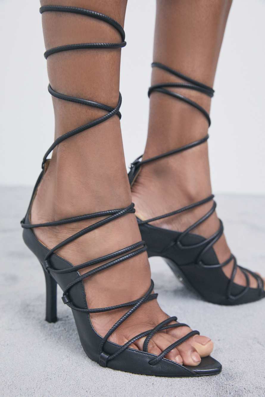 Leather woven sandals with heel, Black, Patrizia Pepe