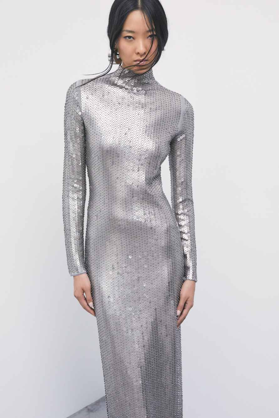 Langes Paillettenkleid, Silber, Patrizia Pepe