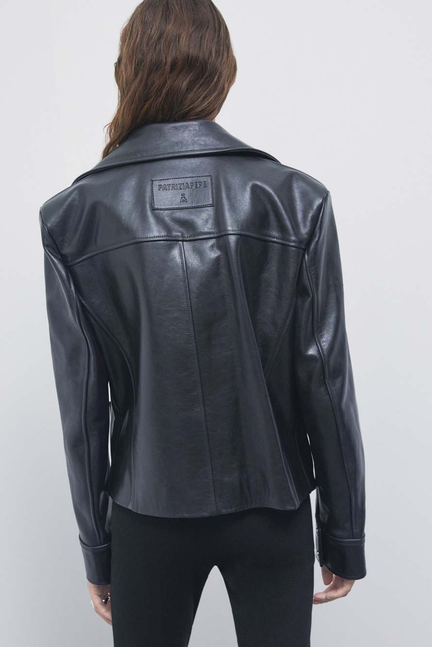 Oversized leather biker jacket, Black, Patrizia Pepe