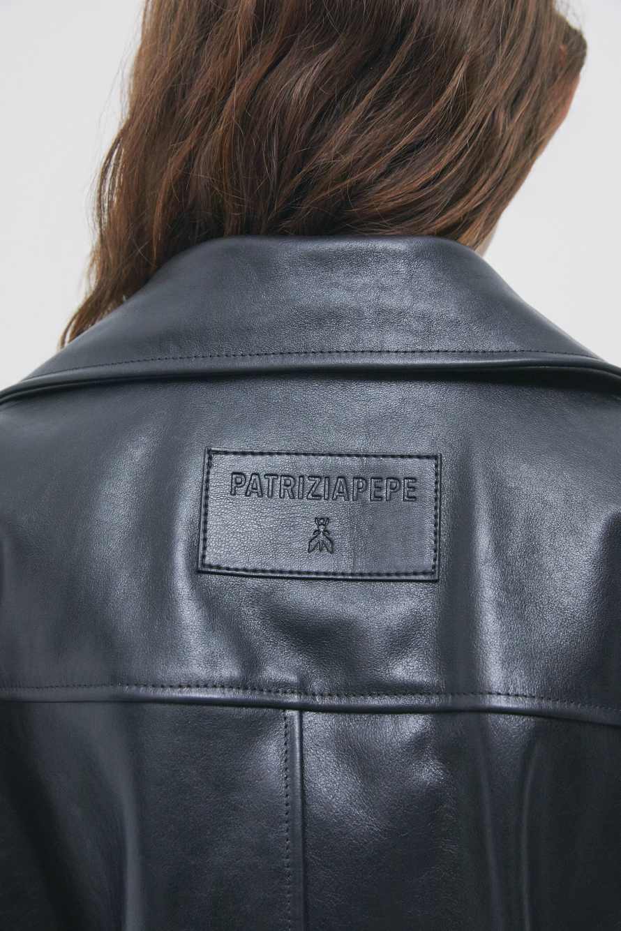 Oversized leather biker jacket, Black, Patrizia Pepe