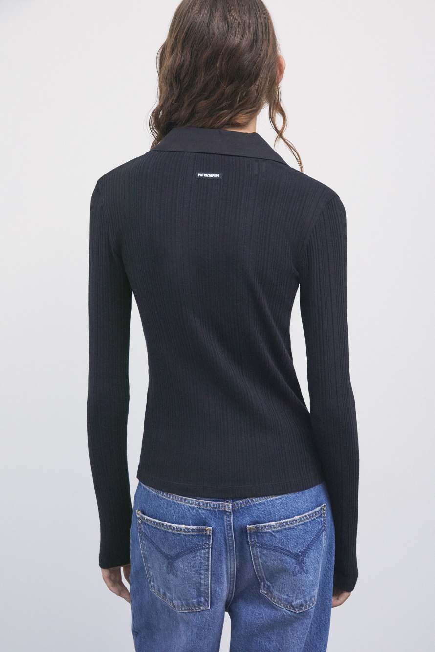 Long-sleeved ribbed cotton polo shirt, Black, Patrizia Pepe