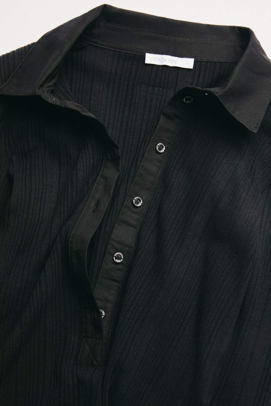 Long-sleeved ribbed cotton polo shirt, Black, Patrizia Pepe
