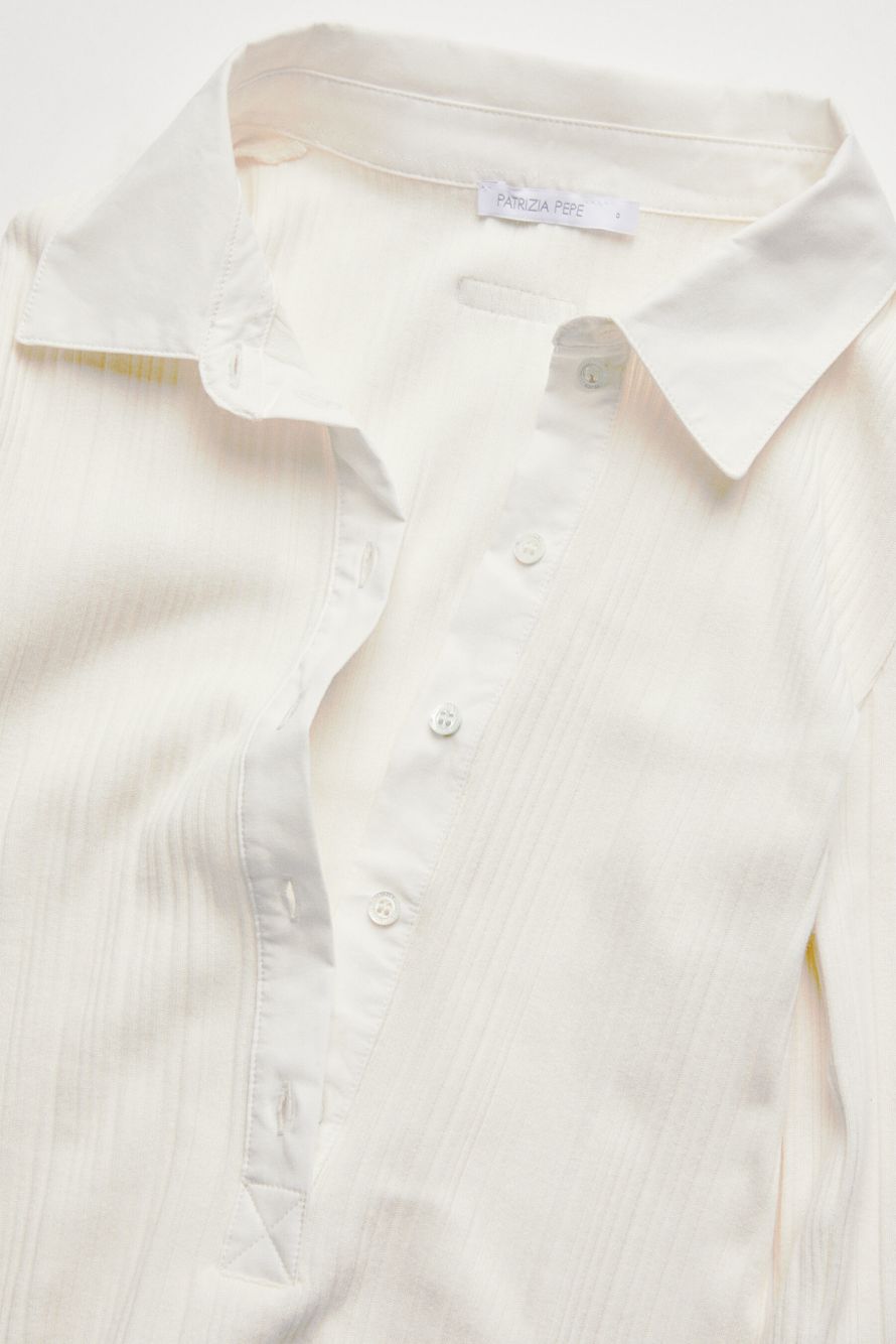 Polo de manga larga en algod&oacute;n acanalado, Blanco