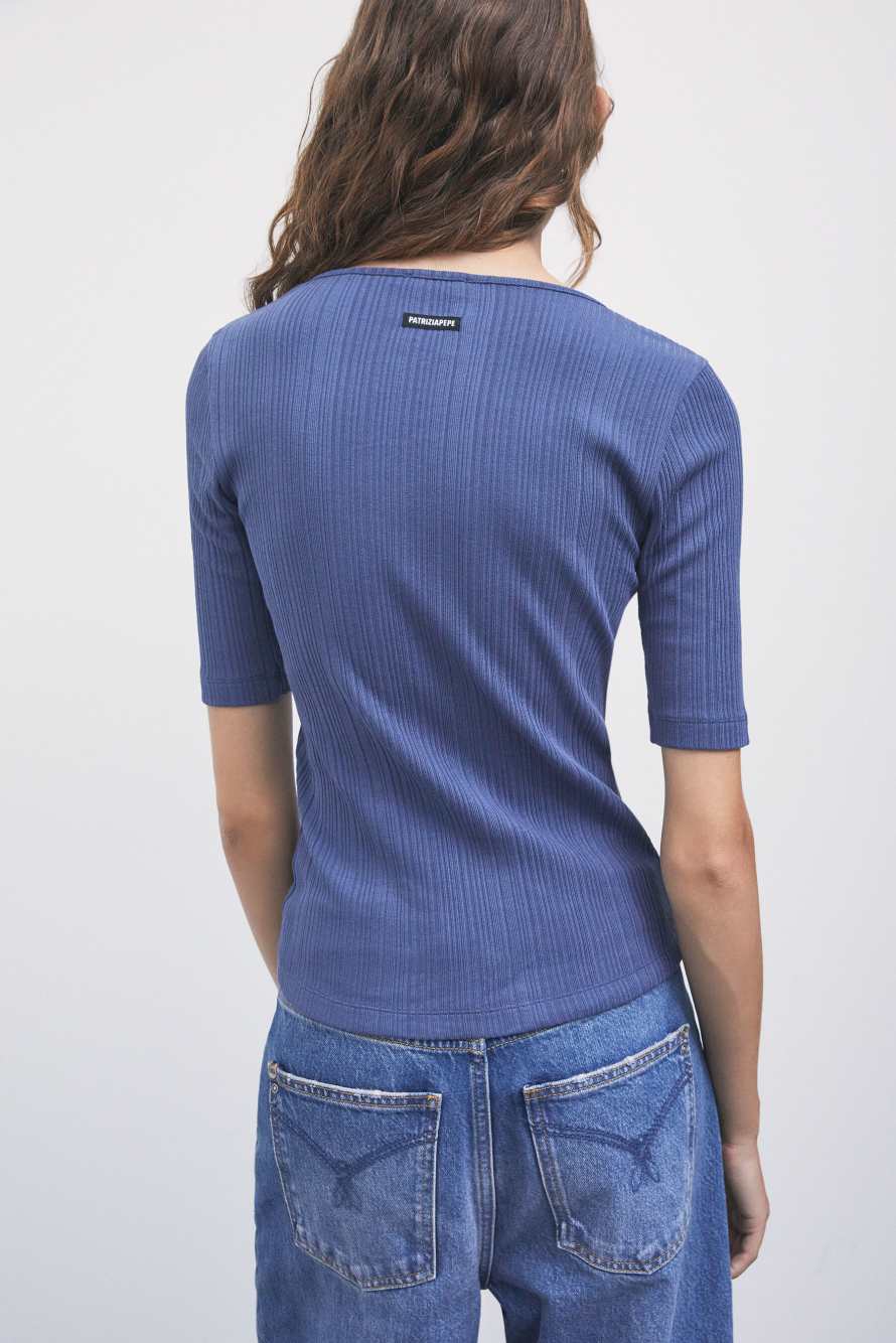 Ribbed cotton T-shirt, Blue, Patrizia Pepe