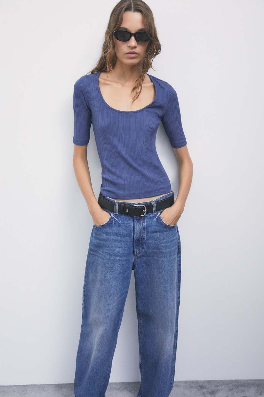 Ribbed cotton T-shirt, Blue, Patrizia Pepe