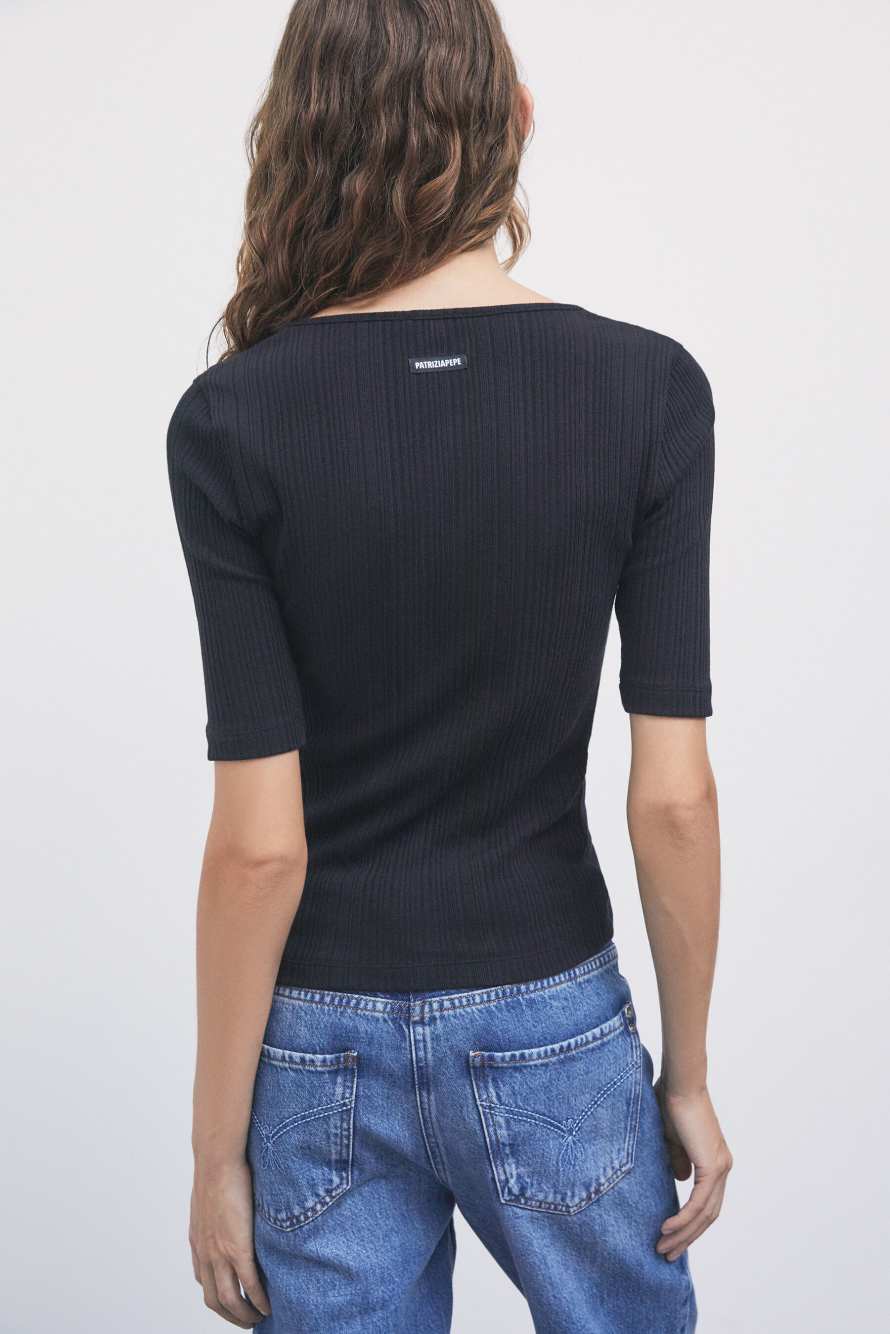 Camiseta de algod&oacute;n acanalado, Negro