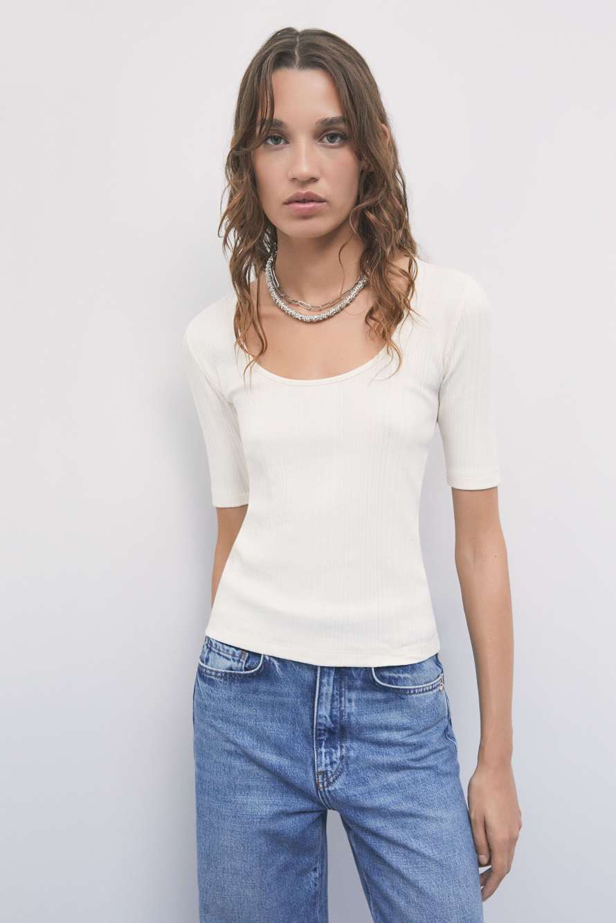 Camiseta de algod&oacute;n acanalado, Blanco