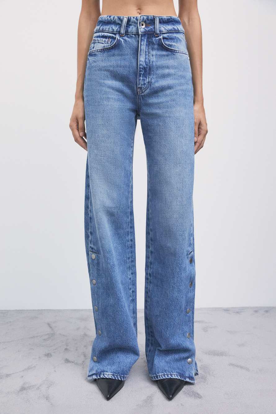 Wide-leg jeans with side slits, Blue, Patrizia Pepe