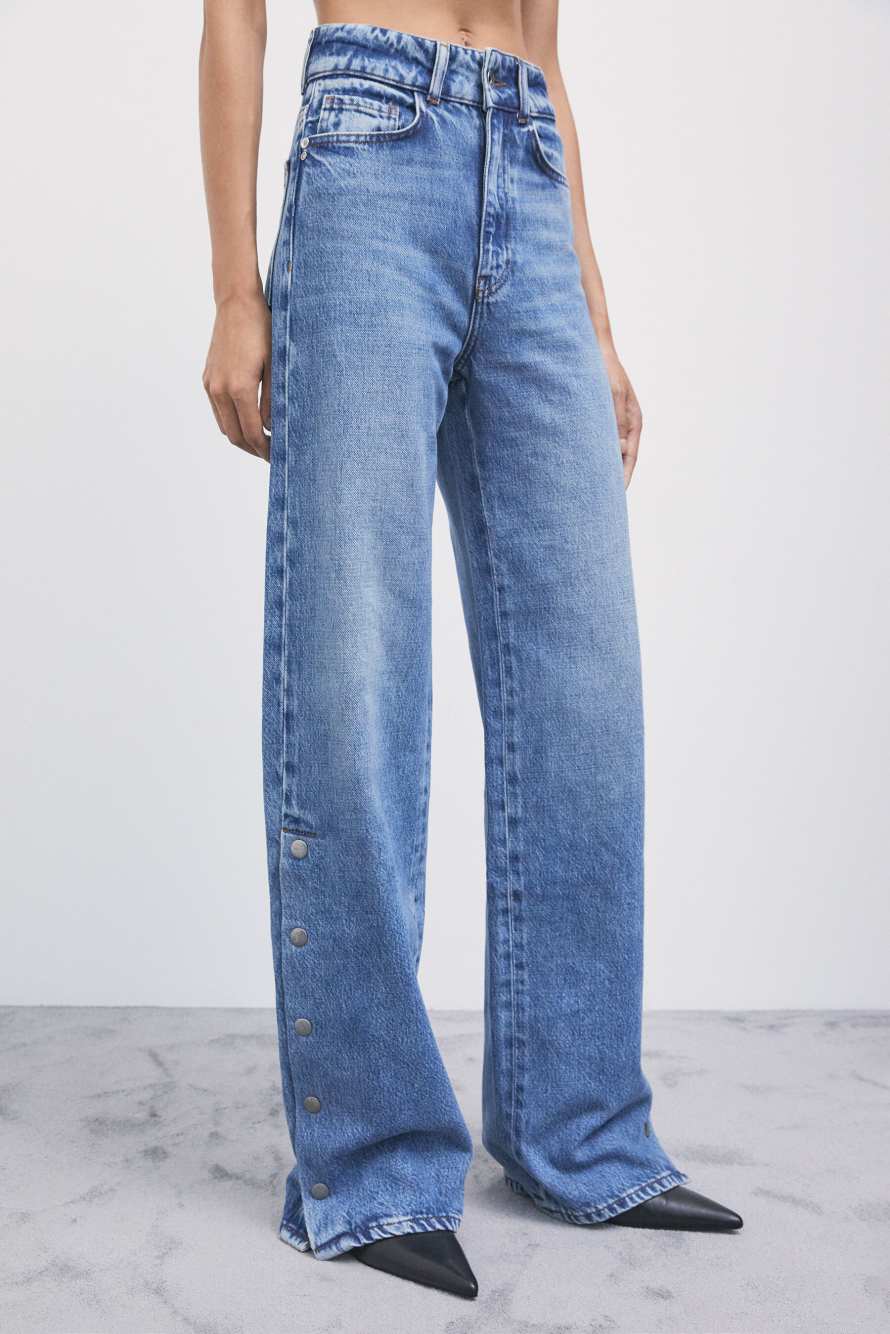 Wide-leg jeans with side slits, Blue, Patrizia Pepe