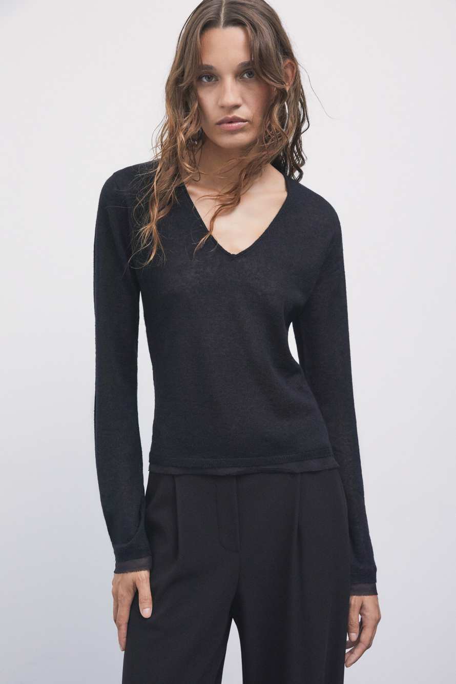 Wool-blend sweater with sheer details, Black, Patrizia Pepe
