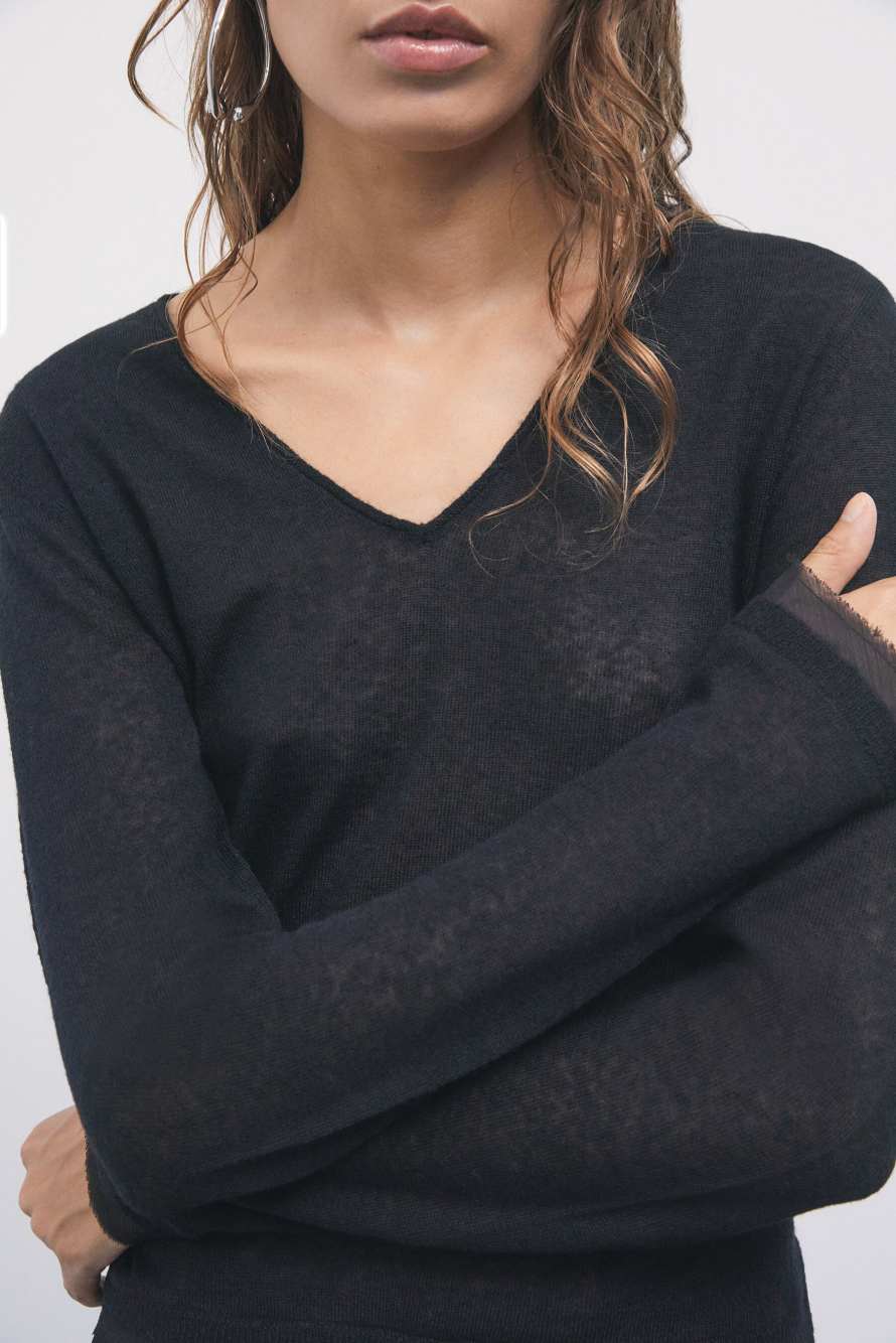 Wool-blend sweater with sheer details, Black, Patrizia Pepe