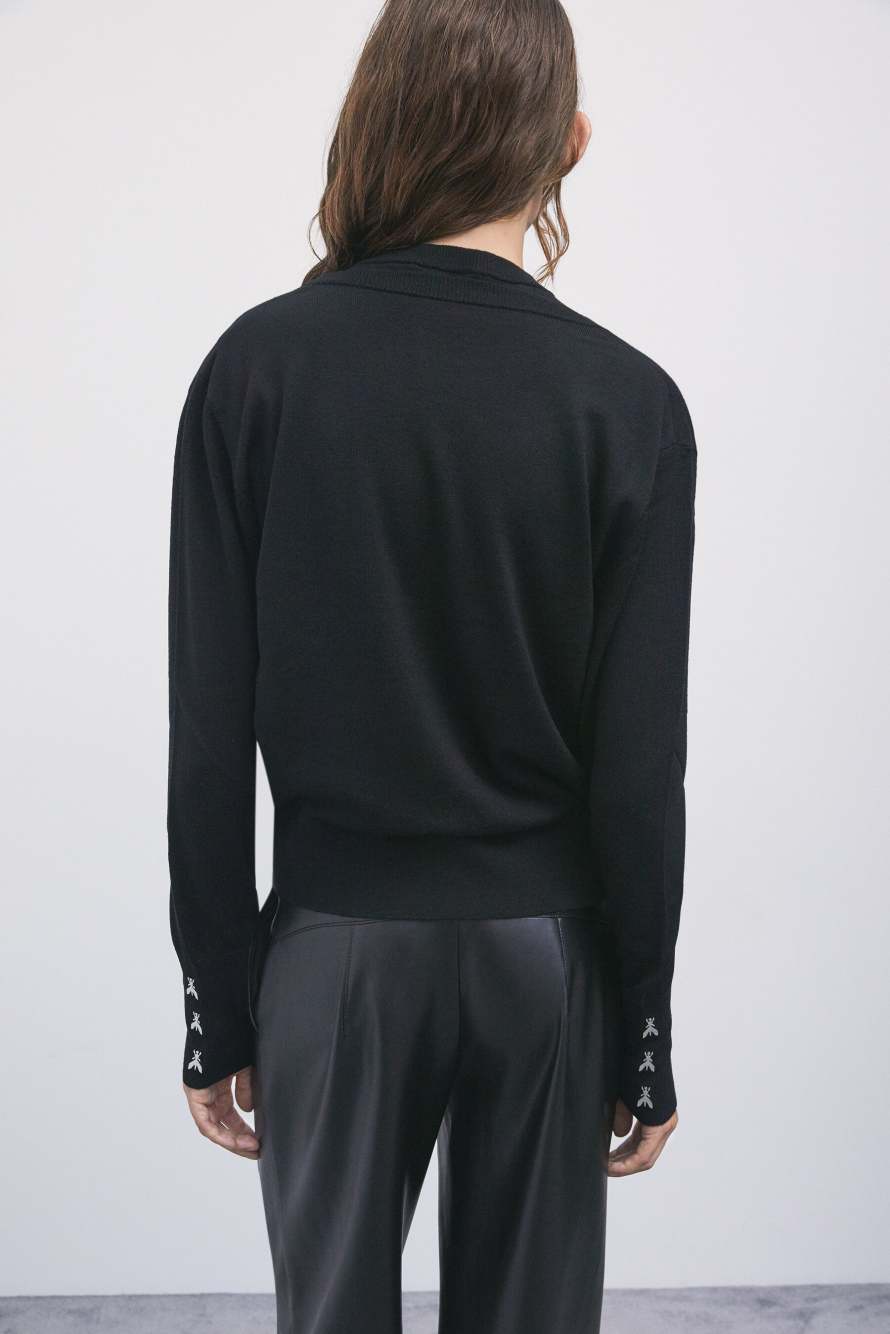 Wool jumper with deep layered V-neck, Black, Patrizia Pepe