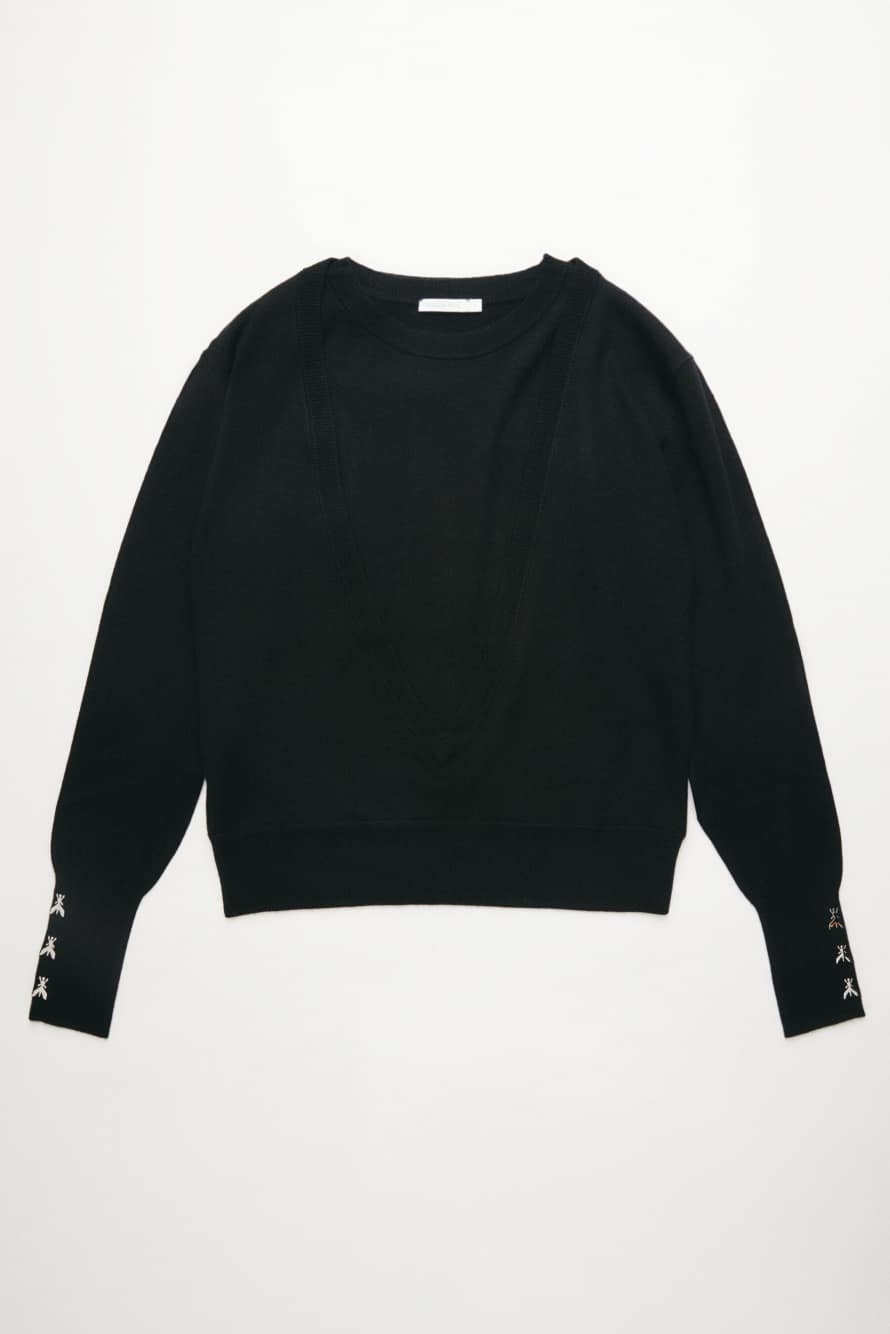 Wool jumper with deep layered V-neck, Black, Patrizia Pepe