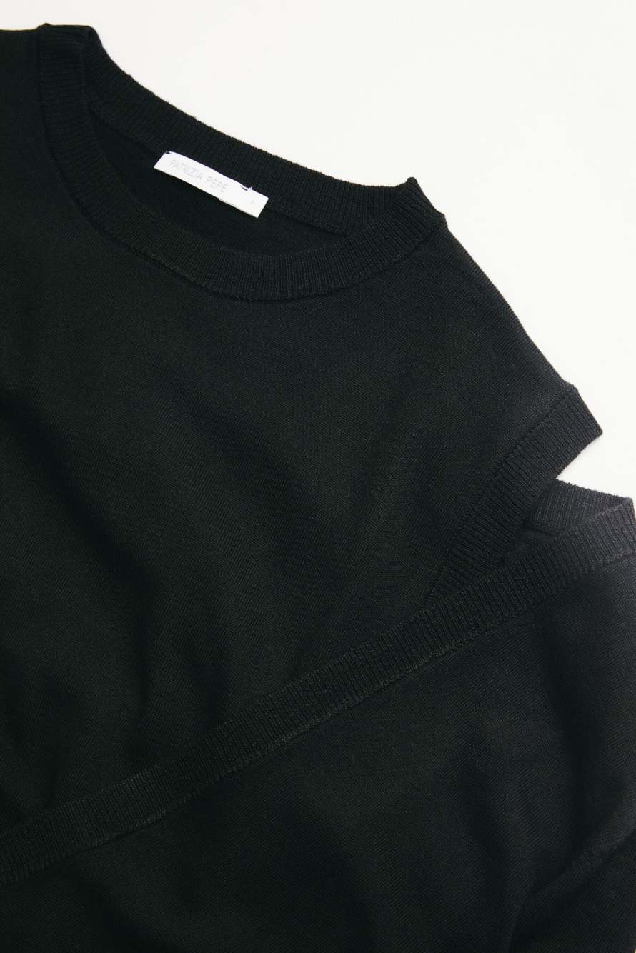 Wool jumper with deep layered V-neck, Black, Patrizia Pepe