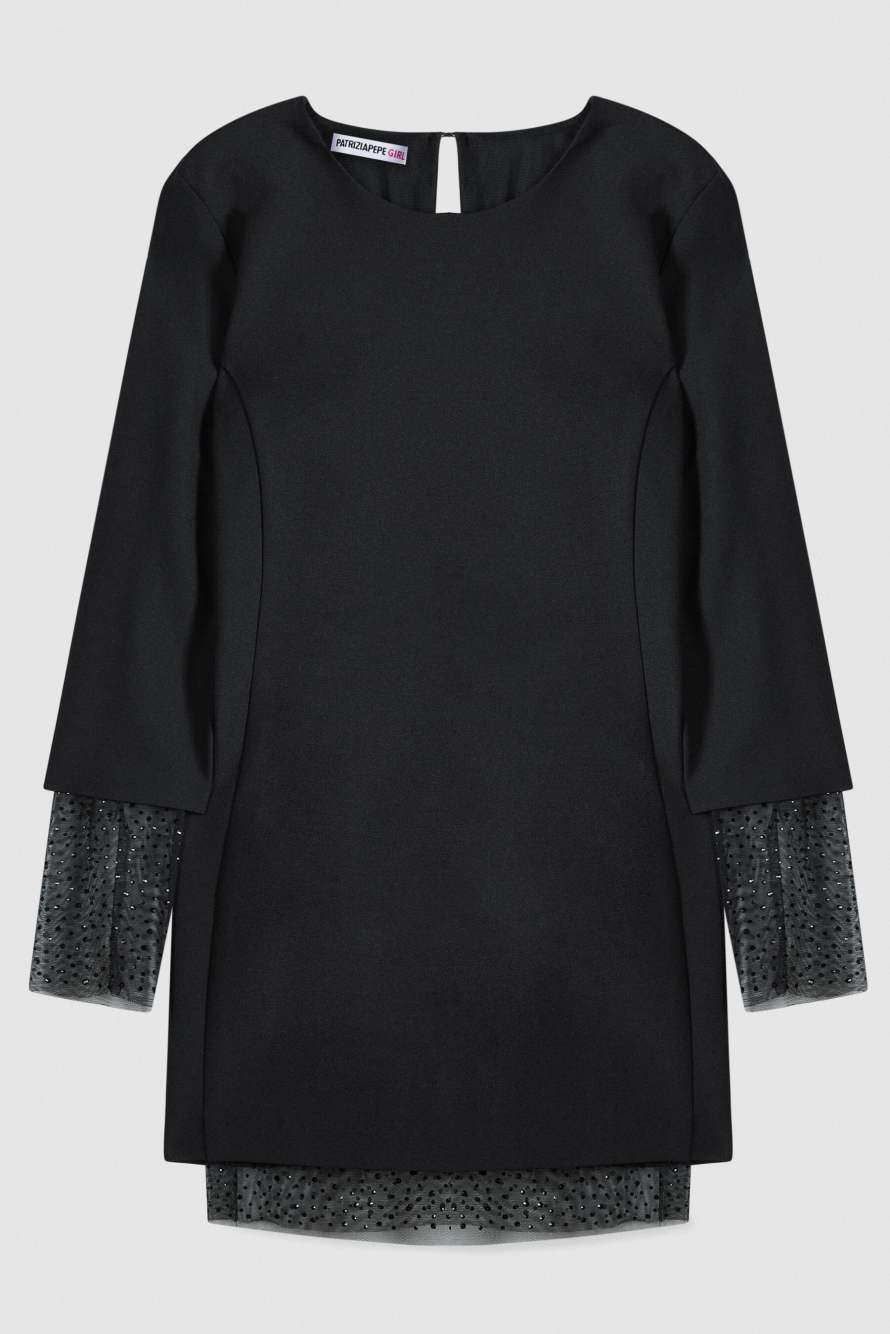 Vestido tubo con tul y strass, Negro