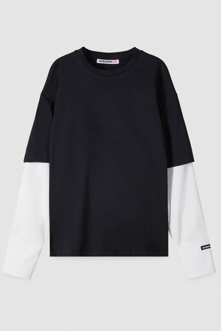 Jersey T-shirt with poplin sleeves, White/Black, Patrizia Pepe
