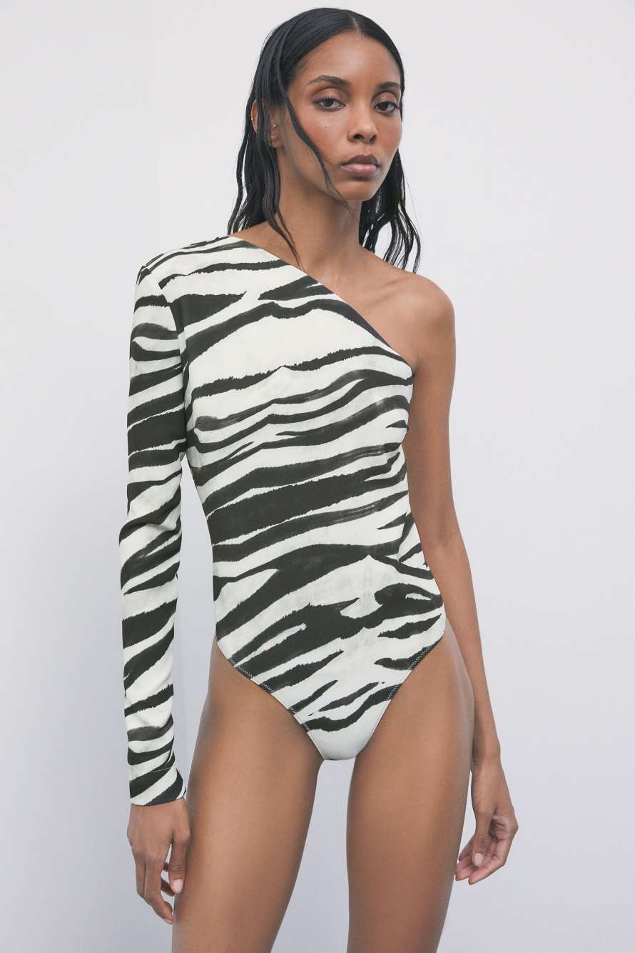 Body monospalla con stampa zebra, Fantasia astratta, Patrizia Pepe