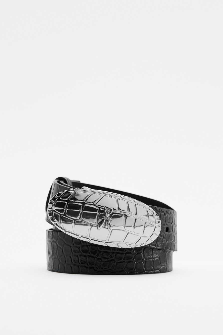Leather belt with croco print, Black, Patrizia Pepe