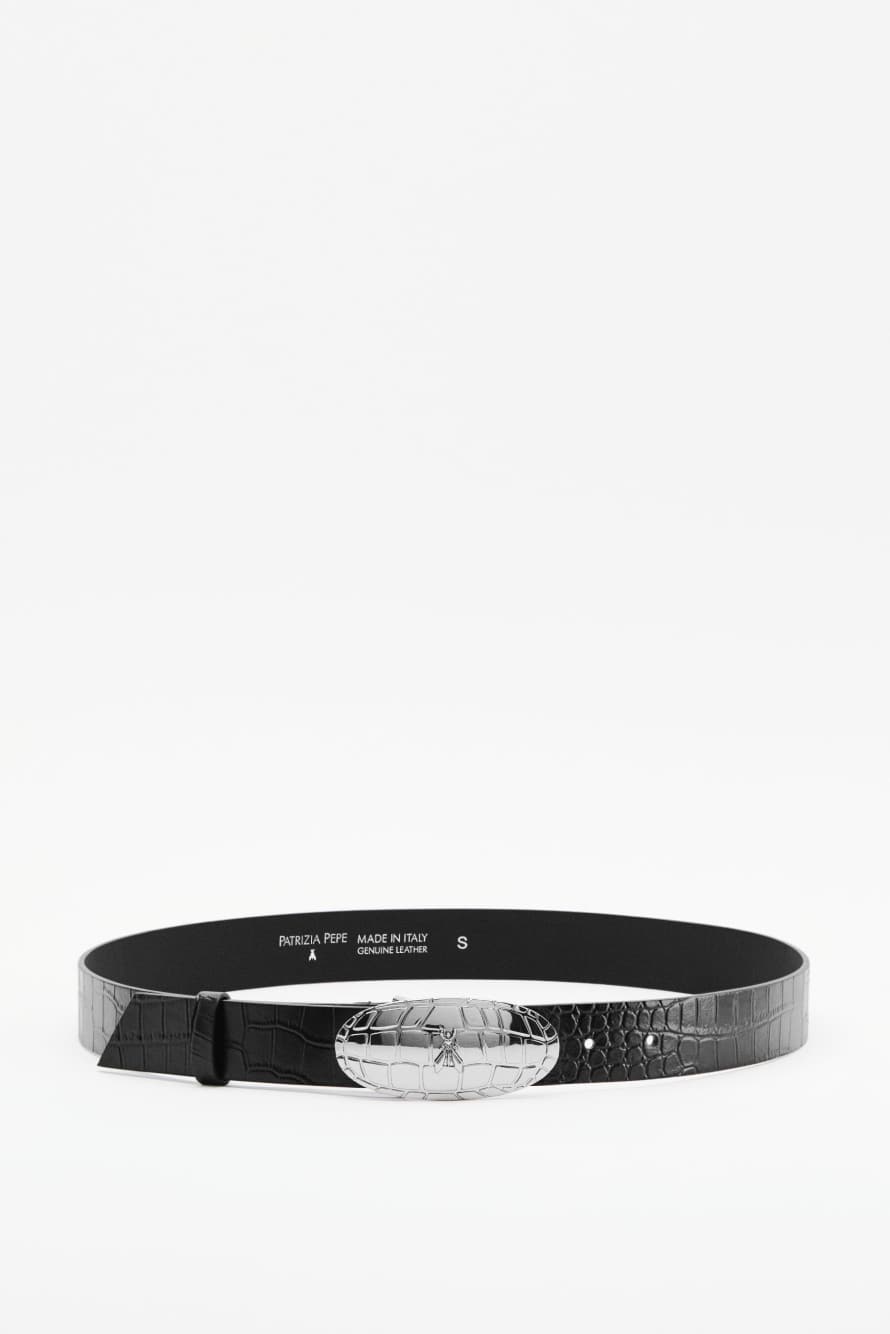 Leather belt with croco print, Black, Patrizia Pepe