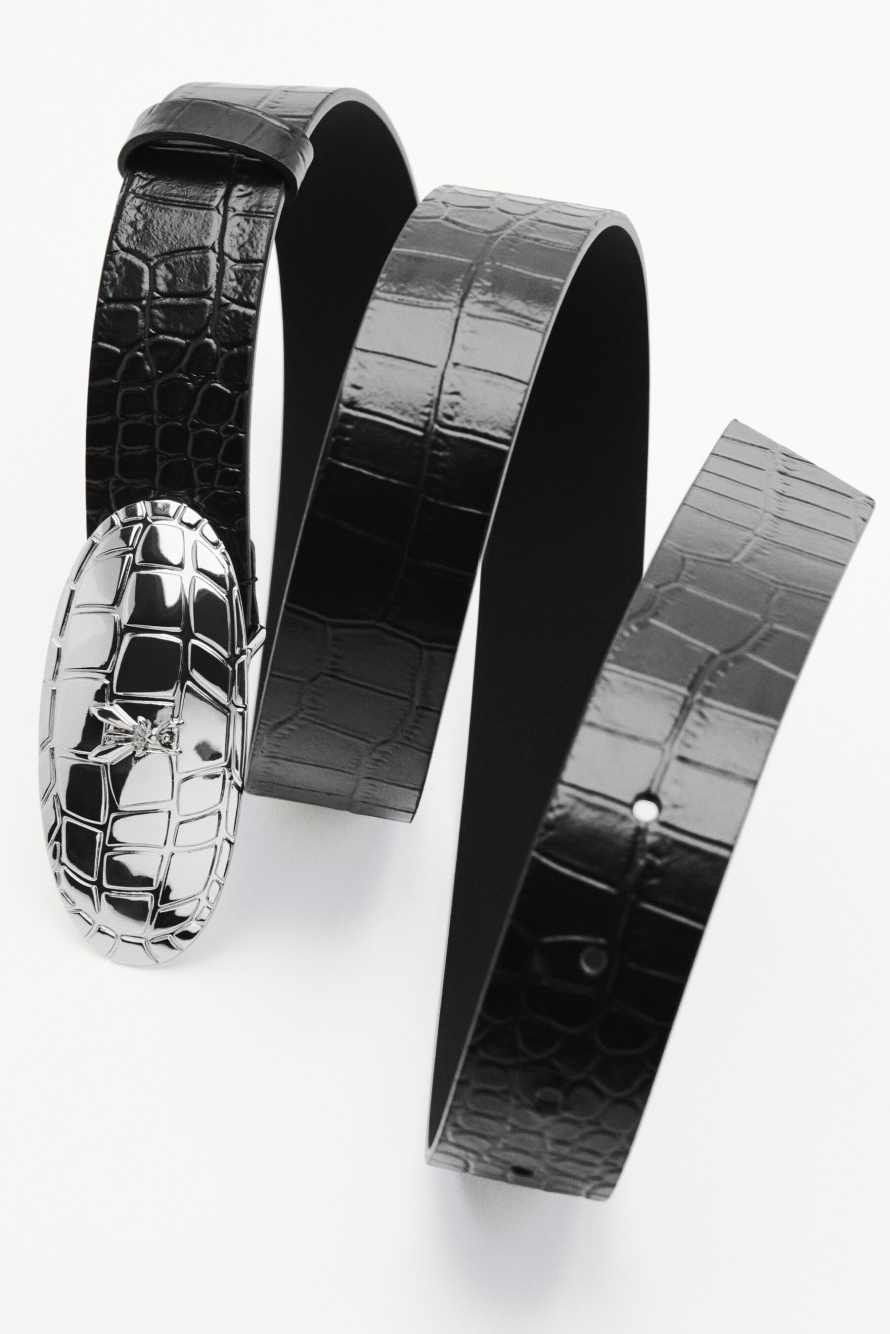 Leather belt with croco print, Black, Patrizia Pepe