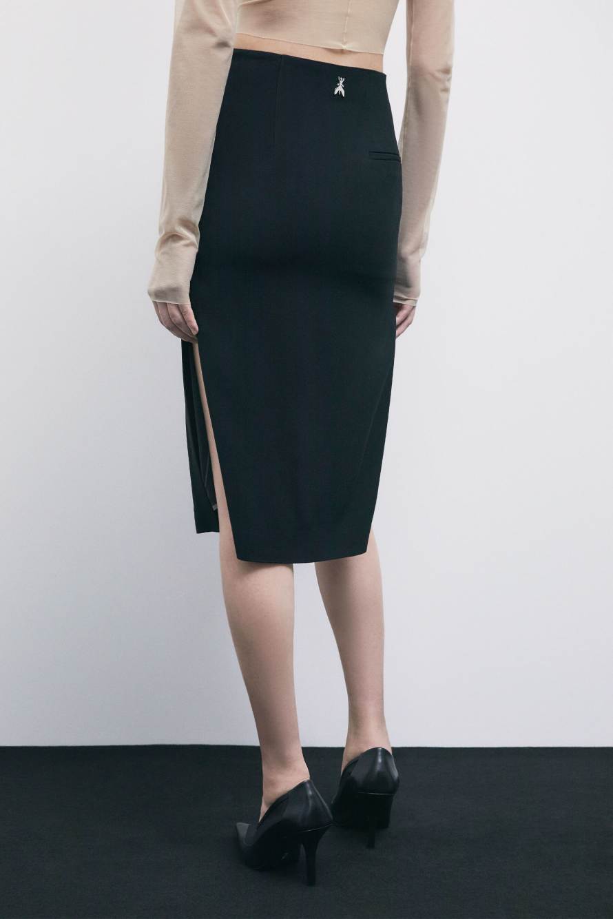 &ldquo;My SKIN Tailoring&rdquo; midi skirt in cr&ecirc;pe with slits, Black, Patrizia Pepe