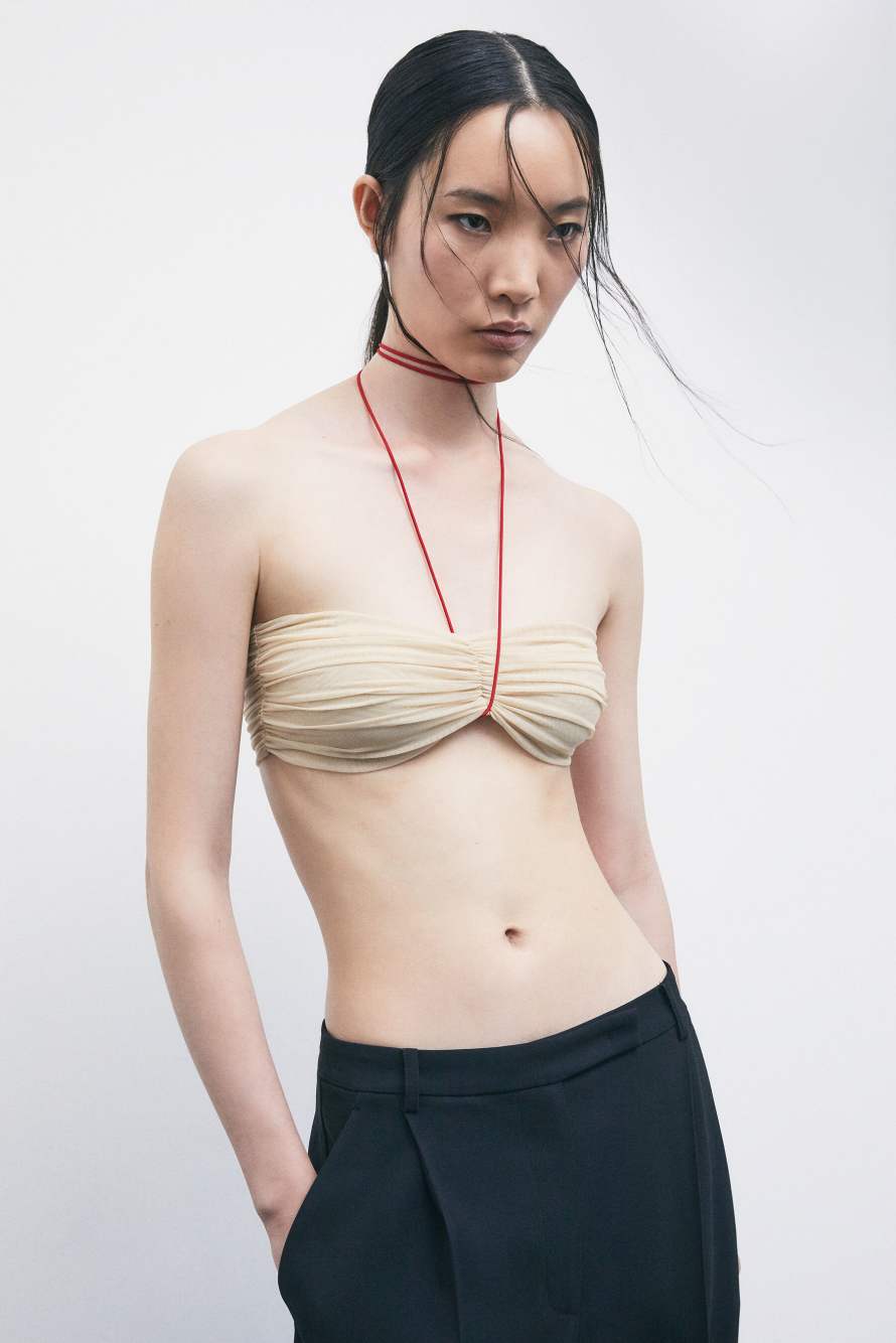 &bdquo;My SKIN Tailoring&ldquo; Bandeau-Top aus drapiertem T&uuml;ll, Beige, Patrizia Pepe