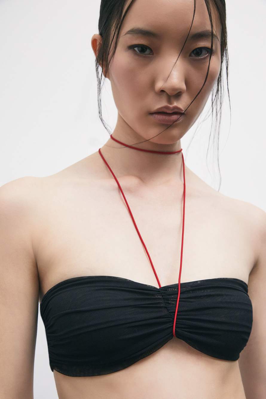 &ldquo;My SKIN Tailoring&rdquo; draped tulle bandeau top, Black, Patrizia Pepe