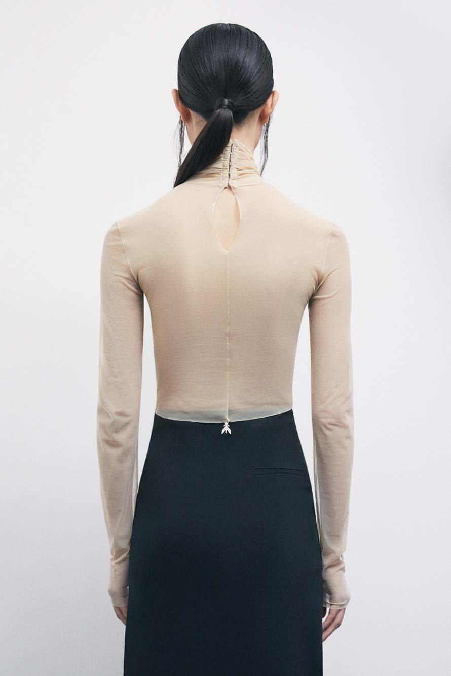 &bdquo;My SKIN Tailoring&ldquo; Longsleeve aus T&uuml;ll, Beige, Patrizia Pepe