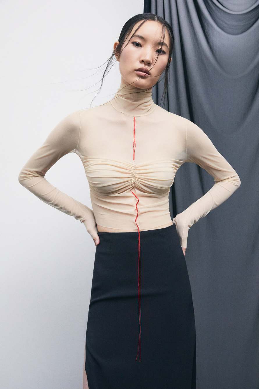 &bdquo;My SKIN Tailoring&ldquo; Longsleeve aus T&uuml;ll, Beige, Patrizia Pepe